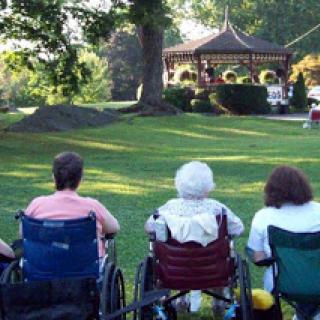 Elderly individuals enjoying a sunny day in the park, seated in wheelchairs and observing a gazebo.