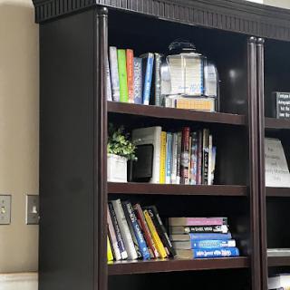 A neatly organized bookshelf showcasing a collection of books and decorative items.