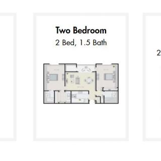 Floor plan of a two-bedroom apartment with 1.5 bathrooms.