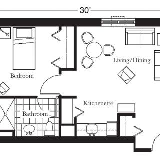 A floor plan displaying a one-bedroom apartment layout with a kitchenette, living/dining area, and bathroom.