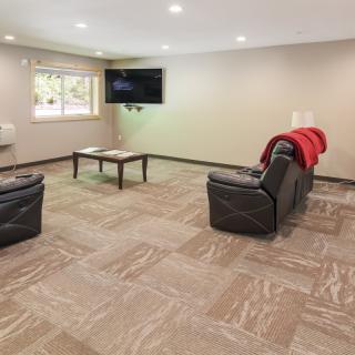 A cozy living room with a TV, sofas, and carpeted flooring.