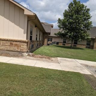 A view of a residential building surrounded by green grass and a tree.