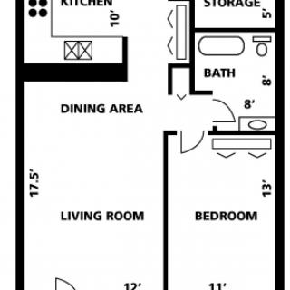 A floor plan of a one-bedroom apartment with a kitchen, bathroom, living room, dining area, and storage space.