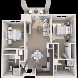 A detailed floor plan of a two-bedroom apartment with furniture layout.