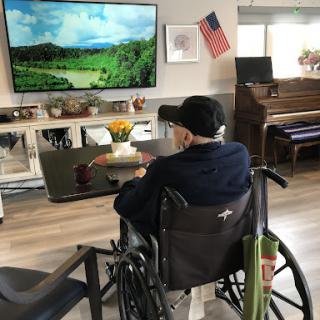An elderly person enjoying a scenic view on the television in a cozy living room setting.
