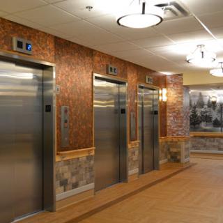 A view of three sleek elevators in a modern building interior, showcasing contemporary design and warm lighting.