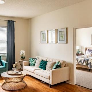 A modern, cozy living room with a sofa, decorative pillows, and a wooden floor.
