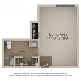A studio apartment floor plan featuring a living area and bathroom layout.