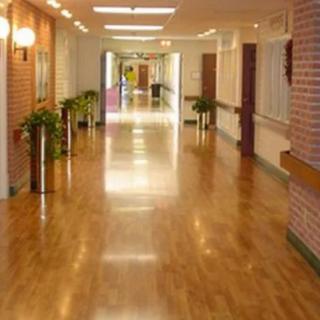 A well-lit, spacious hallway with wooden flooring and potted plants along the walls.