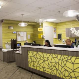A modern office reception area with two employees working at the desk, featuring yellow accents and contemporary design elements.