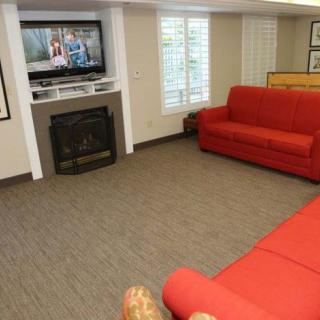 A cozy living room with red couches, a television above the fireplace, and carpeted flooring.