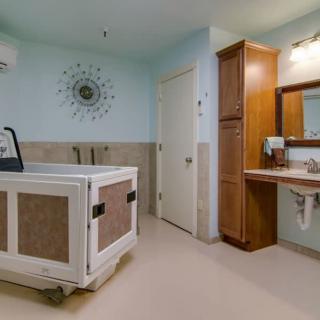 A well-lit bathroom featuring an accessible bathtub and a vanity with a sink.