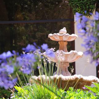 A serene garden scene featuring a tiered stone fountain surrounded by vibrant purple flowers.
