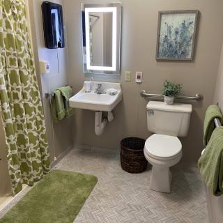 A neatly organized bathroom with green accents and a decorative plant.