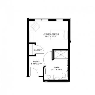 A simple floor plan of a studio apartment with labeled areas for living/sleeping, kitchen, closet, and bathroom.