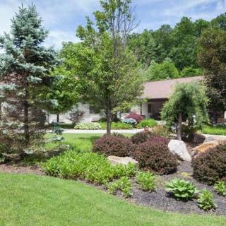 A beautifully landscaped garden with a variety of trees and plants in front of a house.