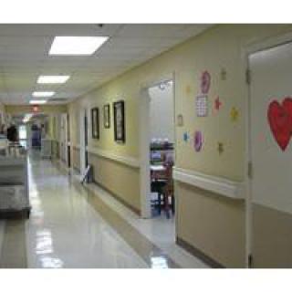 A clean and well-lit hospital corridor with decorated walls and doors.