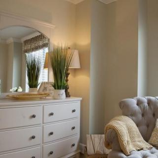A cozy bedroom corner with a white dresser, mirror, indoor plants, and a comfortable armchair.
