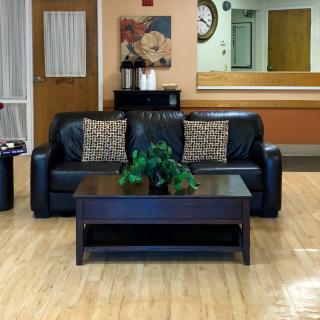 A cozy living room setup featuring a black leather sofa with decorative pillows, a dark wooden coffee table with a plant on top, and a painting on the wall.