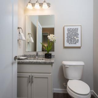 A modern bathroom with a sink, toilet, and decorative elements.