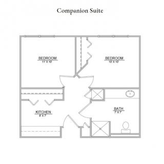 A floor plan of a Companion Suite with two bedrooms and a bathroom.