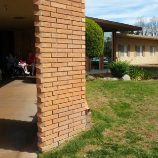 A sunny view of a brick residential building with a well-kept garden and lawn.