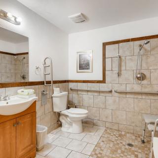 Accessible bathroom with tiled shower and grab bars.
