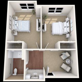 A simple apartment floor plan showcasing two bedrooms, a shared living area, and a bathroom.