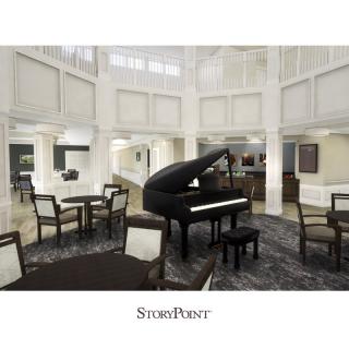 A modern lounge with a grand piano and ample seating, featuring high ceilings and elegant decor.