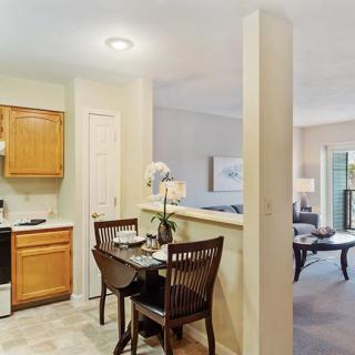 An open-concept apartment featuring a compact kitchen, a small dining area, and a glimpse of the living room.