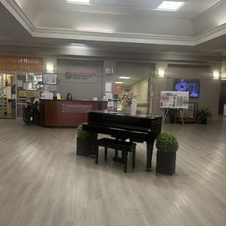 A modern lobby featuring a grand piano, reception desk, and decorative plants.