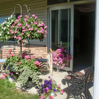 A cozy patio adorned with vibrant flowers and plants in hanging baskets under the warm sunlight.