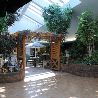 A serene indoor garden area with sunlight filtering through a skylight, surrounded by lush greenery and comfortable seating.