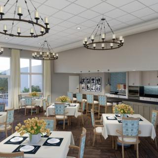 An elegantly decorated restaurant interior featuring chandeliers, tables set with dishware, and a sophisticated dining atmosphere.