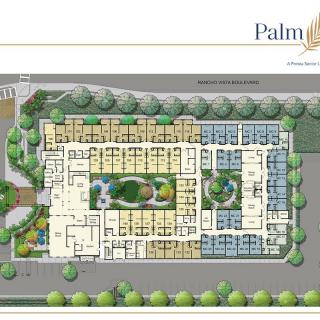 A detailed floor plan of a residential building, showcasing various rooms and garden areas.