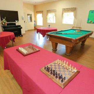 A recreation room featuring chess boards, a billiards table, and a piano.