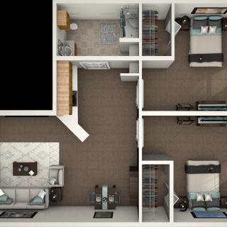A 3D floor plan of a two-bedroom apartment showing the layout of rooms and furniture.