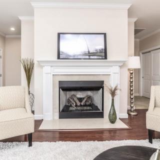 A modern living room with a fireplace, featuring elegant furniture and decor.