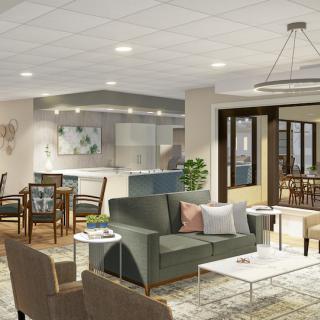A modern living room with comfortable seating and elegant lighting.