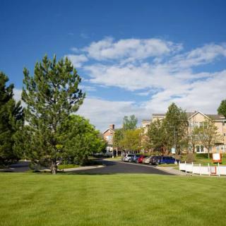 A peaceful residential neighborhood with a green lawn and houses under a blue sky with clouds.