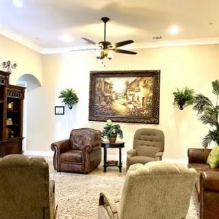 A cozy living room with armchairs, artwork, and decorative plants.