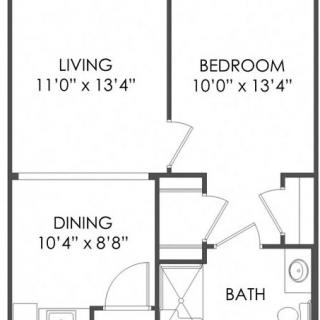 A floor plan of a one-bedroom apartment featuring a living room, dining area, and bathroom.