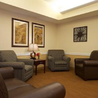 A cozy waiting room with comfortable armchairs and decorative wall art.