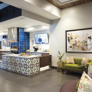 Modern interior featuring a stylish kitchen and cozy living area.