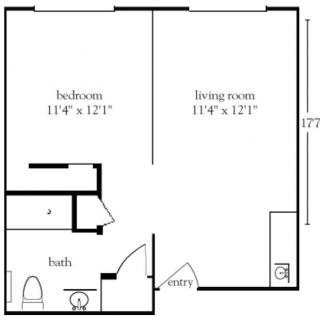 A simple floor plan of an apartment featuring a bedroom, living room, bathroom, and entryway.