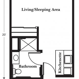 Floor plan of a studio apartment featuring a living/sleeping area, kitchenette, and bathroom.