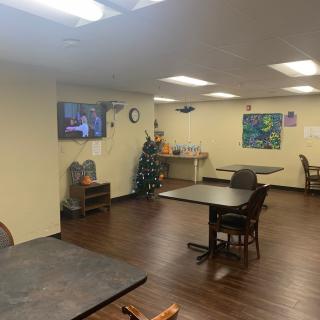 A dining area with tables, chairs, a television, and a decorated Christmas tree.