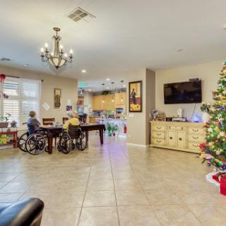 A cozy living room decorated for the holidays, featuring a Christmas tree and two individuals in wheelchairs enjoying their time.