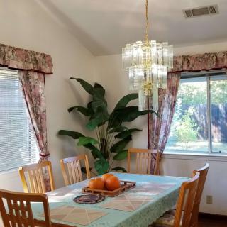A cozy dining room with a table and chairs, adorned with a chandelier, indoor plant, and large windows with curtains.