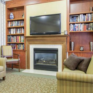 A cozy living room featuring a fireplace, a television mounted above it, and bookshelves filled with books on either side.